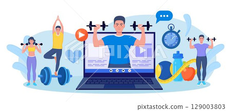 Online sport lesson and fitness course on laptop screen. Sportive man training at home with sport equipment. Cardio, yoga and bodybuilding classes. Trainer conducts strength training using website 129003803
