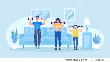 Happy family goes in for sports at home in the living room interior. Mother, father and child doing workout. Parents and kid doing lifting weight. Sport Activity Happy family goes in for sports at home in the living room interior. Mother, father and child doing workout. Parents and kid doing lifting weight. Sport Activity 129003809