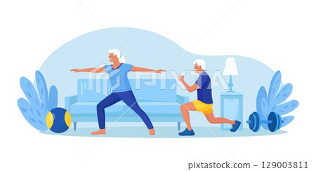 Senior couple doing fitness exercises, yoga at home, practicing meditation. Grandpa and grandma doing sport workout. Physical activity and health care for elderly people. Stretching, tree pose Senior couple doing fitness exercises, yoga at home, practicing meditation. Grandpa and grandma doing sport workout. Physical activity and health care for elderly people. Stretching, tree pose 129003811