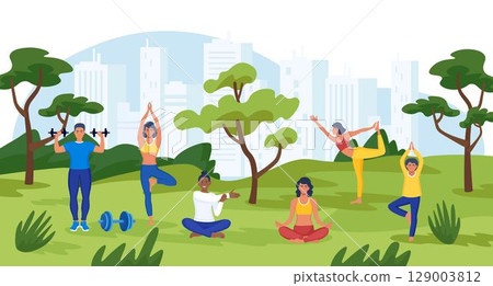 Sporty family in park. City park activity, season walk pleisure. Street workout. Happy women practicing yoga, meditation outdoors. People working out, stretching, cardio and strength physical activity 129003812