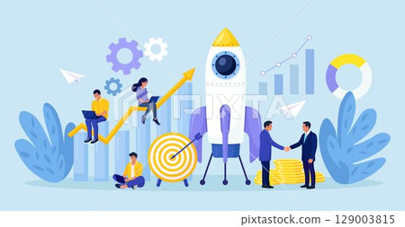 Successful startup launch. Space rocket flies up with graphs charts and diagram on background. Tiny businessmen developing business project with new ideas, vision, growth strategy, innovation 129003815