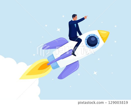 Businessman flying forward on a rocket on blue sky background. Success in business and career. Boost your business, startup growth and progress in economic crisis. New business project launching Businessman flying forward on a rocket on blue sky background. Success in business and career. Boost your business, startup growth and progress in economic crisis. New business project launching 129003819