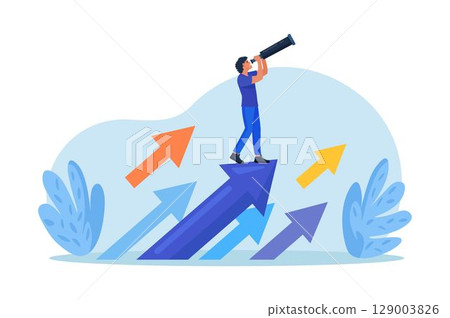 Successful entrepreneur standing on arrows and looking with telescope for new opportunities. New business, start up. Strategy for success, achievement. Business development plan for improvement 129003826