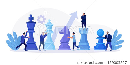 Businessmen playing giant chess and try to find strategic position for business goal. People planning, thinking, discussing strategy, tactics. Successful teamwork, negotiation. Competition, leadership 129003827