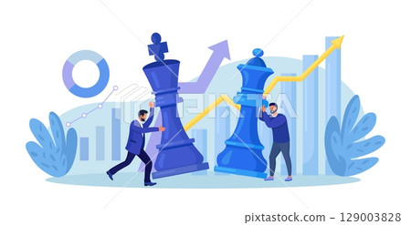 Businessmen moving chess figures. Leaders planning, thinking, discussing business strategy together. Brainstorm, collaboration and cooperation. Successful teamwork and tactics. Competition, leadership 129003828