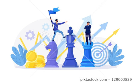 Team of businessman playing giant chess together. Leader planning, thinking and discussing business strategy. Brainstorm, collaboration 129003829