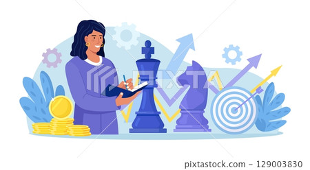 Business woman playing giant chess. Leader planning business strategy, thinking about tactics. Brainstorm. Competition and Leadership. Person analyze success opportunity and make decision Business woman playing giant chess. Leader planning business strategy, thinking about tactics. Brainstorm. Competition and Leadership. Person analyze success opportunity and make decision 129003830