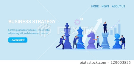 Businessmen playing giant chess and try to find strategic position for business goal. People planning, thinking, discussing strategy, tactics. Successful teamwork, negotiation. Competition, leadership 129003835