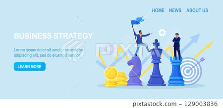 Team of businessman playing giant chess together. Leader planning, thinking and discussing business strategy. Brainstorm, collaboration Team of businessman playing giant chess together. Leader planning, thinking and discussing business strategy. Brainstorm, collaboration 129003836