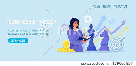 Business woman playing giant chess. Leader planning business strategy, thinking about tactics. Brainstorm. Competition and Leadership. Person analyze success opportunity and make decision Business woman playing giant chess. Leader planning business strategy, thinking about tactics. Brainstorm. Competition and Leadership. Person analyze success opportunity and make decision 129003837