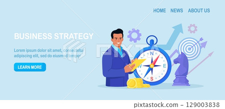 Businessman Using Compass for Navigation and Orientation in Business. Strategic Planning, Future Vision. Business Strategy Direction. Mission concept. Important Decisions, Sets Goals for Company 129003838