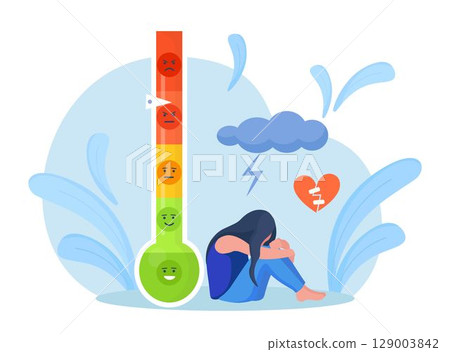 Thermometer as stress level scale emotions, mood. Unhappy girl crying, covering her face, hugs her knees. Frustration and stress, emotional overload, burnout, overworking, depression 129003842