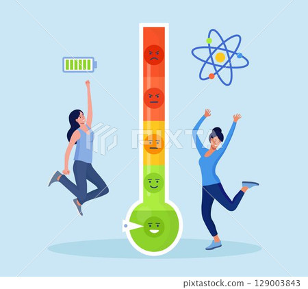 Thermometer as stress level scale emotions, good mood. Business women jumping and dancing. Fully charged active girl. Mentally healthy employee. Professional productivity, motivation, enthusiasm 129003843