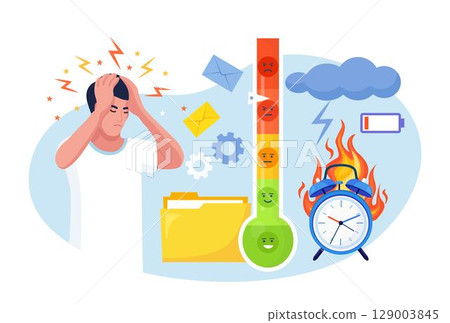 Man Clutching her Head in Panic. Person Feeling Stress at Work, Working Overtime at Deadline. Exhausted, Frustrated, Burnout. Alarm in Fire, Burning Clock. Thermometer as Stress Level Scale Emotions 129003845