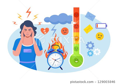 Woman Clutching her Head in Panic. Person Feeling Stress at Work, Working Overtime at Deadline. Exhausted, Frustrated, Burnout. Alarm in Fire, Burning Clock. Thermometer as Stress Level Scale Emotions 129003846