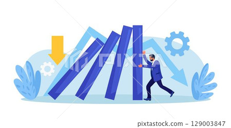 Businessman pushing falling domino line for stopping chain reaction. Business crisis management, risk protection. Entrepreneur helps stop collapsing dominos. Insurance of company, solving problems 129003847