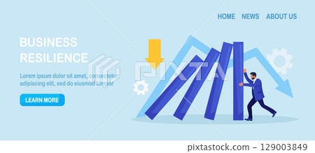 Businessman pushing falling domino line for stopping chain reaction. Business crisis management, risk protection. Entrepreneur helps stop collapsing dominos. Insurance of company, solving problems 129003849