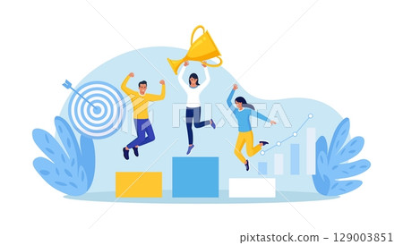 Proud Business People Standing on Podium Rank Three Places, Jumps in Air with Trophy Cup. Business Company Winning First Place, Get Reward. Career Success. Team Work, Partnership, Leadership Concept Proud Business People Standing on Podium Rank Three Places, Jumps in Air with Trophy Cup. Business Company Winning First Place, Get Reward. Career Success. Team Work, Partnership, Leadership Concept 129003851