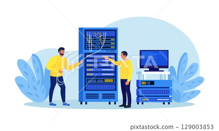 System administrator upkeeping server, adjusting network, PC hardware. Sysadmin repairing computer. Administration, data center maintenance service. Repairman doing technical work with server rack 129003853