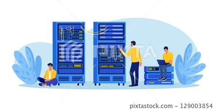 System administrator upkeeping server, adjusting network, PC hardware. Sysadmin repairing computer. Administration, data center maintenance service. Repairman doing technical work with server rack 129003854