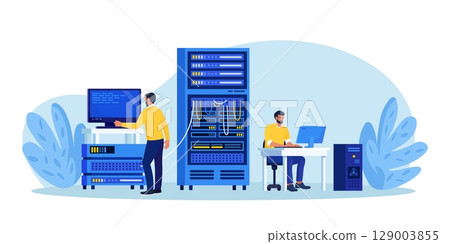 System administrator upkeeping server, adjusting network, PC hardware. Sysadmin repairing computer. Administration, data center maintenance service. Repairman doing technical work with server rack 129003855