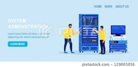 System administrator upkeeping server, adjusting network, PC hardware. Sysadmin repairing computer. Administration, data center maintenance service. Repairman doing technical work with server rack 129003856