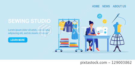 Dressmaking, sewing workshop or courses. Fashion designer are tailoring clothes. Sewing tools, needle, threads, mannequin. Dressmaker create outfit and apparel on sewing machine. Needlework 129003862