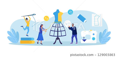 Dressmaking, sewing workshop or courses. Fashion designer are tailoring clothes. Sewing tools, needle, threads, mannequin. Dressmakers create outfit and apparel on sewing machine. Needlework 129003863