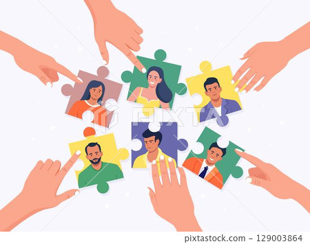 Business company is looking for employee. People connecting puzzle pieces, build team, hiring employees. Teamwork and collaboration. Open vacancy, partnership Business company is looking for employee. People connecting puzzle pieces, build team, hiring employees. Teamwork and collaboration. Open vacancy, partnership 129003864