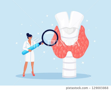 Tiny endocrinologists doctors diagnose and treat human thyroid gland. Thyroid examination with magnifying glass. Hypothyroidism, hyperthyroidism concept. Health and medical treatment 129003868