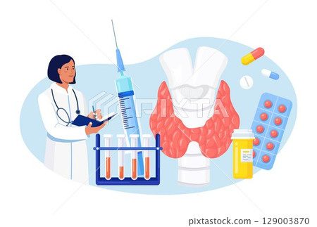 Endocrinologists diagnose and treat human thyroid gland. Doctors make blood test on hormones. Hypothyroidism, hyperthyroidism concept. Thyroid examination. Health and medical treatment 129003870