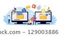 File Transfer. Two computers with folders on screen, transferred documents. Copy files, data exchange, backup. Saving document on storage. Digital data migration between devices. People sharing files 129003886