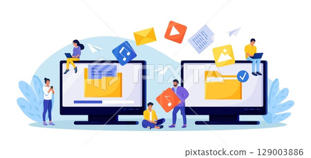 File Transfer. Two computers with folders on screen, transferred documents. Copy files, data exchange, backup. Saving document on storage. Digital data migration between devices. People sharing files 129003886