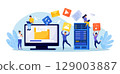 File Transfer. Computer screen with folders, transferred documents to server. Copy files, data exchange, backup. Saving document in storage. Digital data migration between devices People sharing files 129003887