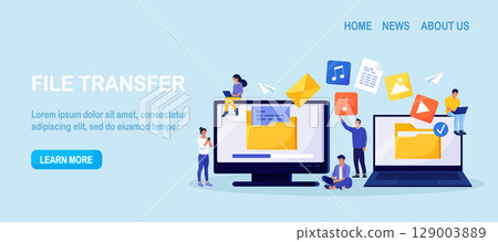 File Transfer. Two computers with folders on screen, transferred documents. Copy files, data exchange, backup. Saving document on storage. Digital data migration between devices. People sharing files 129003889
