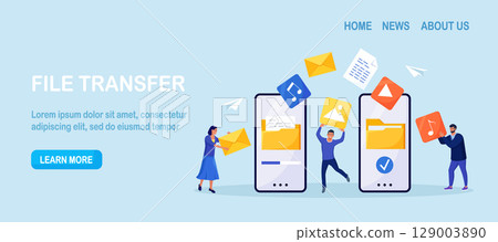 File Transfer. Smartphones with folders on screen, transferred documents. Copy files, data exchange, backup. Saving document on storage. Digital data migration between devices People sharing files File Transfer. Smartphones with folders on screen, transferred documents. Copy files, data exchange, backup. Saving document on storage. Digital data migration between devices People sharing files 129003890