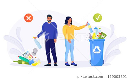 Correct and wrong examples of throwing out garbage. Person putting rubbish in trash bins, dumpsters and containers. Recycle rubbish, recycling environment littering. Pollution Ecology Protection 129003891