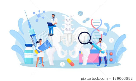 Orthopedic traumatology and trauma surgery. Vertebrologist examine human vertebra. Doctor team engaged in lower spine, hip joint skeleton, pelvic injury inspection. Spine backbone disease diagnostics 129003892