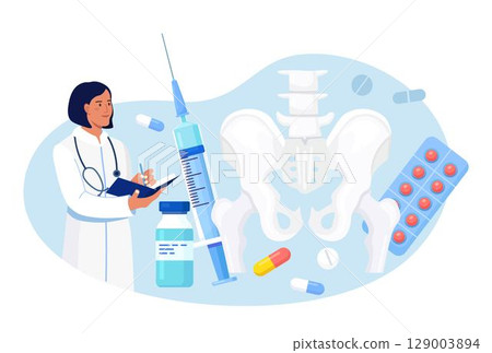 Orthopedic traumatology and trauma surgery. Vertebrologist examine human vertebra. Doctor engaged in lower spine, hip joint skeleton, pelvic injury inspection. Spine backbone disease diagnostics 129003894