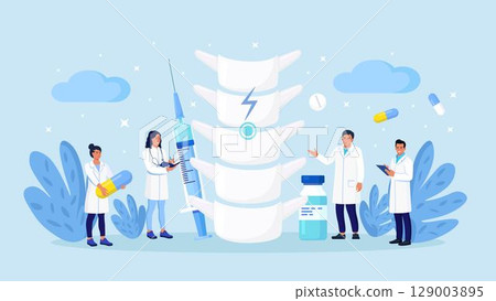 Osteopathic doctor examining patient spine. Spine backbone disease diagnostics. Backache, rheumatism, deformity, vertebral inflammation treatment. Skeletal surgeon. Vertebrologist examine vertebra 129003895