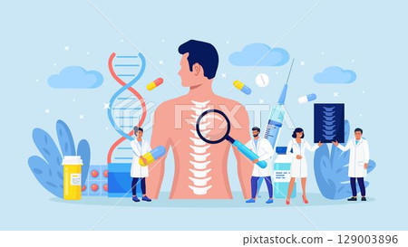 Man suffering from spine pain visiting osteopath. Tiny doctor examining xray of patient spine. Backache, rheumatism, deformity, vertebral inflammation treatment. Spine backbone disease diagnostics. 129003896