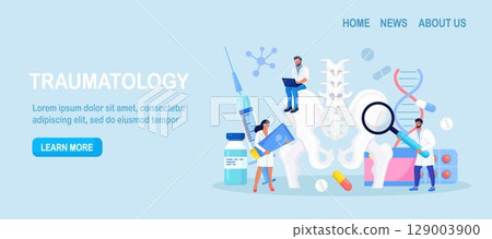 Orthopedic traumatology and trauma surgery. Vertebrologist examine human vertebra. Doctor team engaged in lower spine, hip joint skeleton, pelvic injury inspection. Spine backbone disease diagnostics 129003900