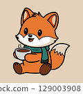 Cartoon Fox with Scarf Holding Hot Drink 129003908