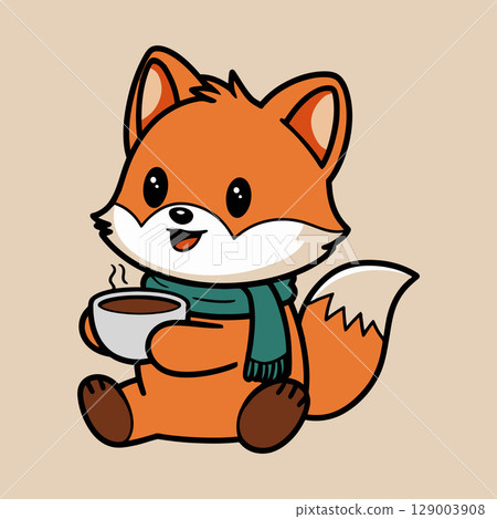Cartoon Fox with Scarf Holding Hot Drink 129003908