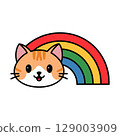 Smiling Cartoon Cat Under Rainbow Arch 129003909