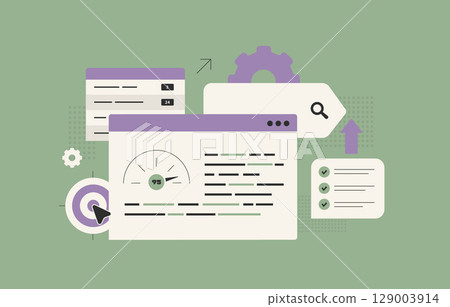 Content optimization strategy with keyword analysis, readability score, SEO checklist process to improve engagement and ranking. Content optimization checker seo tools modern flat vector illustration 129003914