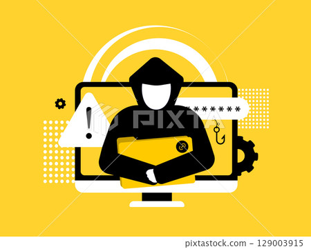 Cybersecurity threat with hacker stealing password, phishing attack, malware alert and identity theft risk. Cybersecurity threat due to growing cybercrime and data breach. Modern vector illustration Cybersecurity threat with hacker stealing password, phishing attack, malware alert and identity theft risk. Cybersecurity threat due to growing cybercrime and data breach. Modern vector illustration 129003915