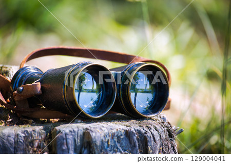 A pair of vintage binoculars rests on a weathered tree stump with a scenic view. 129004041