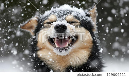 A close-up of a Shiba Inu's face showing a big smile in the snow 129004211