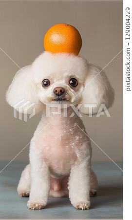 A unique expression on a white toy poodle's face with a mandarin orange on its head 129004229